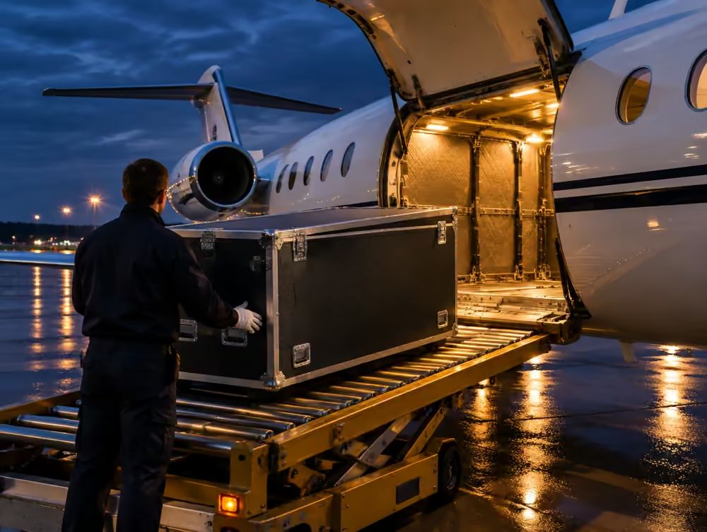 Handler loading a flight case into a private jet at night