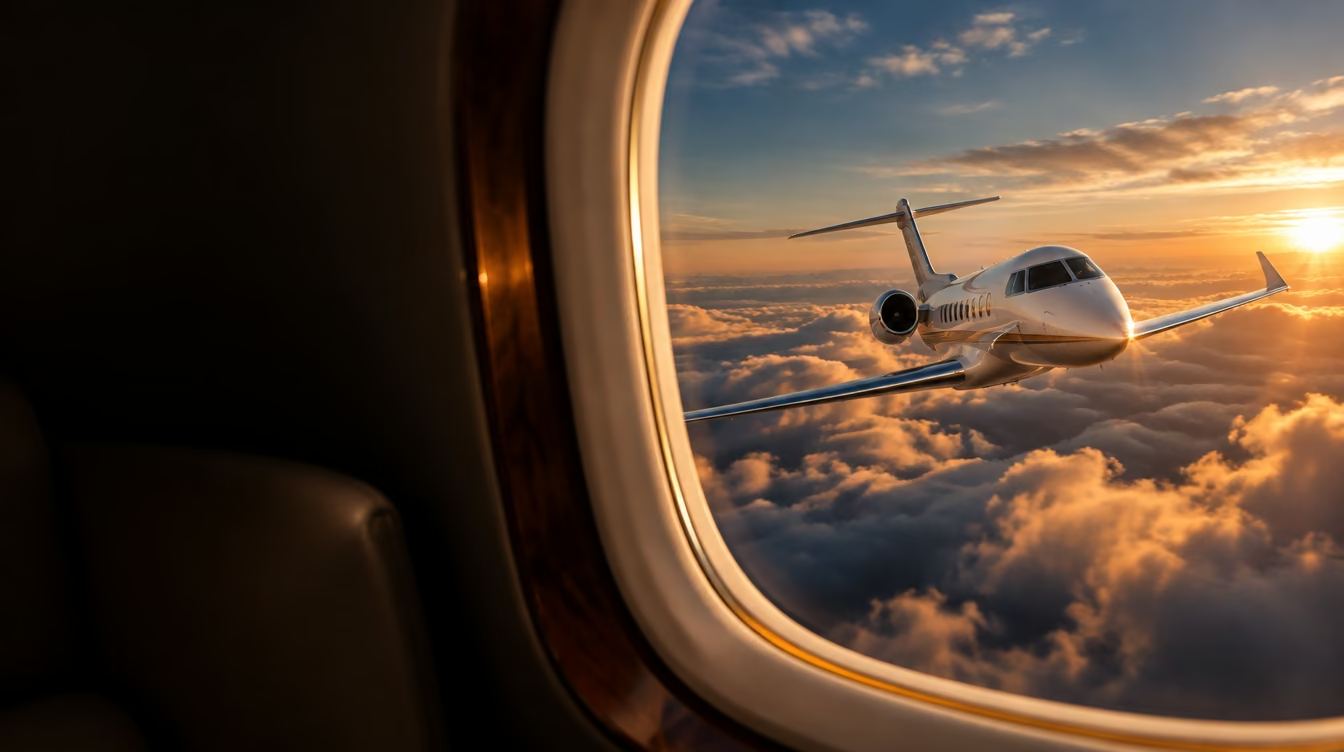 A business jet seen through a cabin window above the clouds
